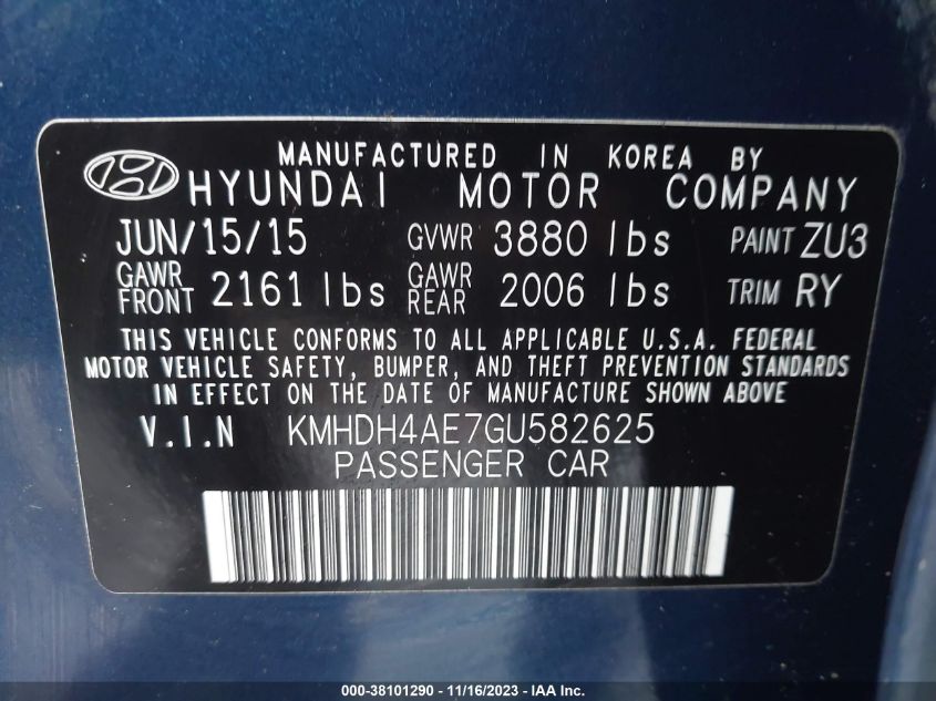 2016 Hyundai Elantra Value Edition VIN: KMHDH4AE7GU582625 Lot: 38101290