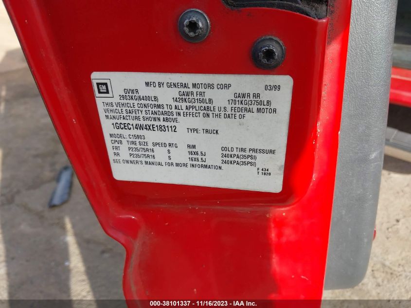 1999 Chevrolet Silverado 1500 VIN: 1GCEC14W4XE183112 Lot: 38101337