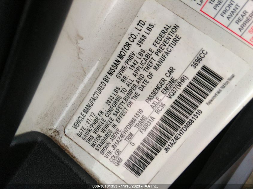 2013 Nissan 370Z VIN: JN1AZ4EH7DM881510 Lot: 38101353