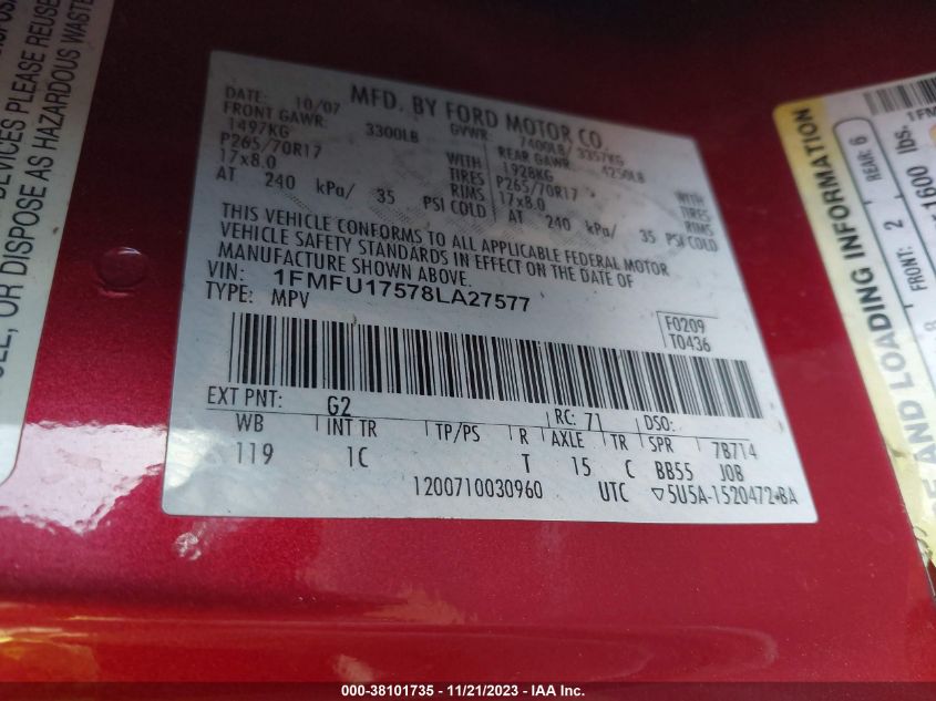 2008 Ford Expedition Eddie Bauer/King Ranch VIN: 1FMFU17578LA27577 Lot: 38101735
