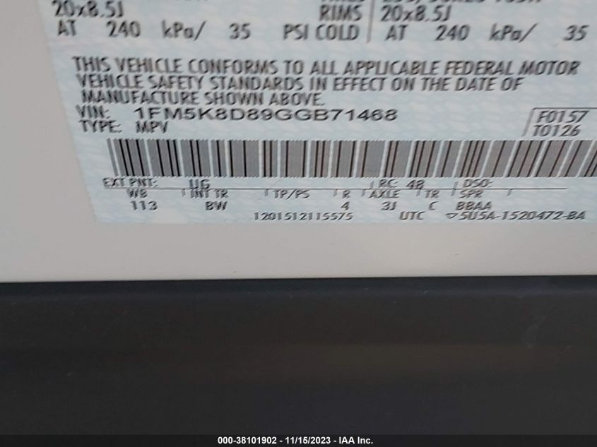 2016 Ford Explorer Xlt VIN: 1FM5K8D89GGB71468 Lot: 38101902