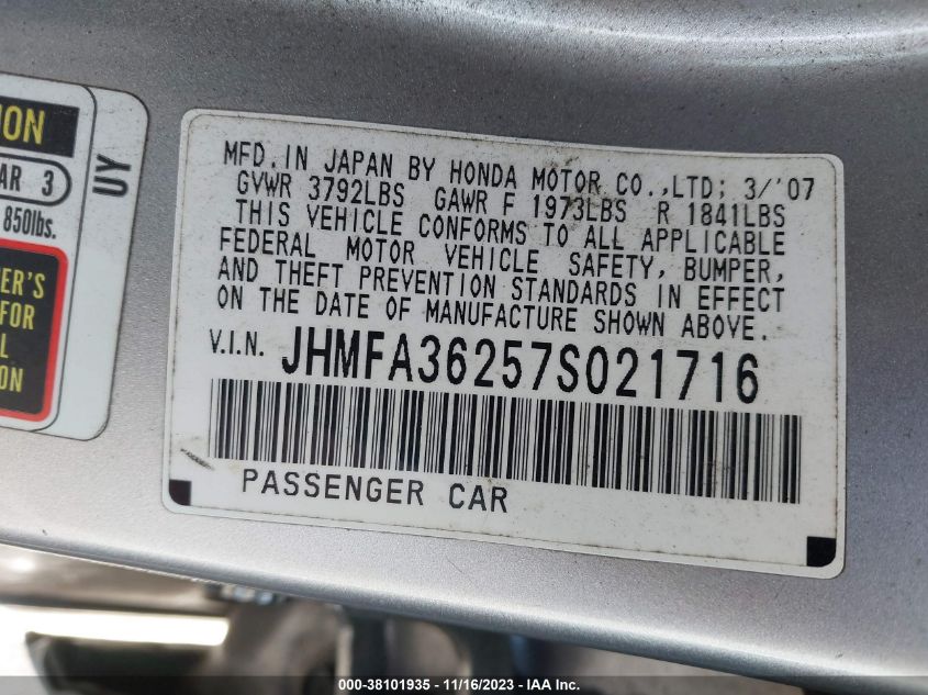 2007 Honda Civic Hybrid VIN: JHMFA36257S021716 Lot: 38101935