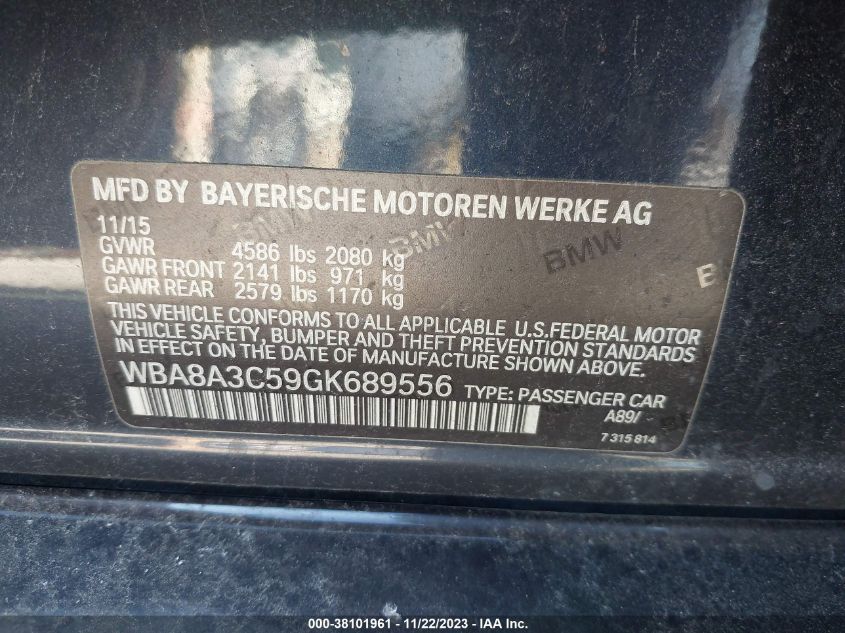 2016 BMW 320I xDrive VIN: WBA8A3C59GK689556 Lot: 38101961