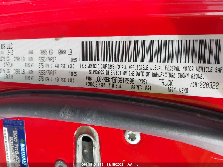 2015 Ram 1500 Tradesman VIN: 1C6RR6KM3FS612908 Lot: 38101978