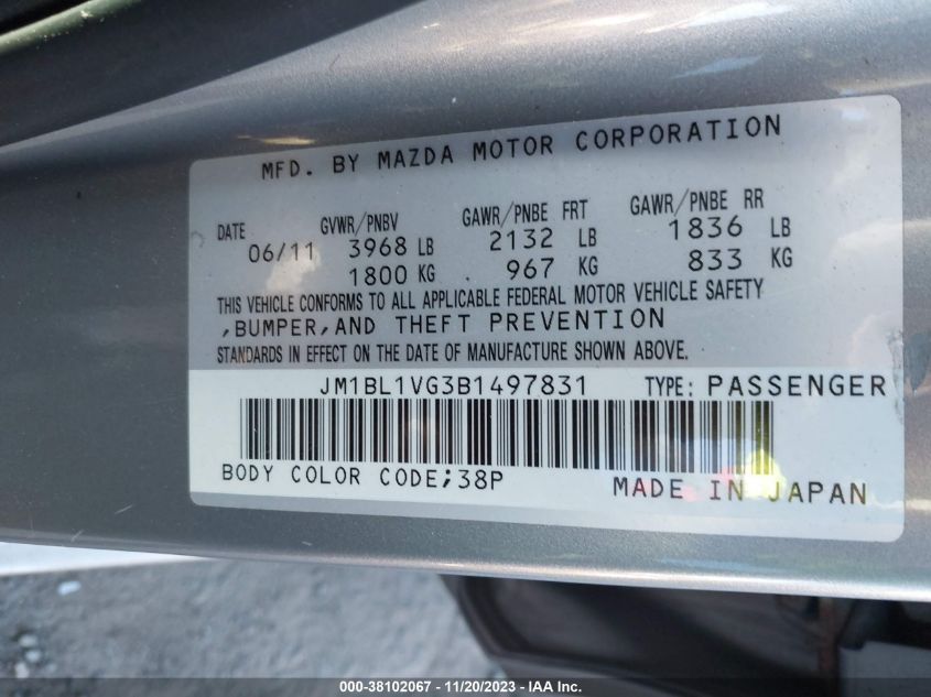 2011 Mazda Mazda3 I Touring VIN: JM1BL1VG3B1497831 Lot: 38102067