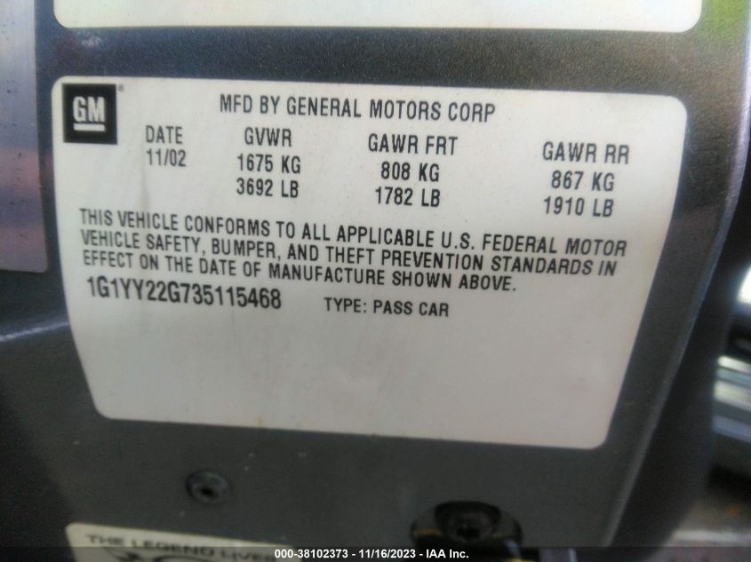 2003 Chevrolet Corvette VIN: 1G1YY22G735115468 Lot: 38102373