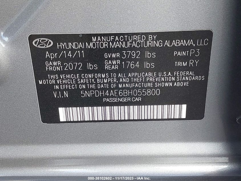 2011 Hyundai Elantra Sel VIN: 5NPD84LF8LH579389 Lot: 38102602