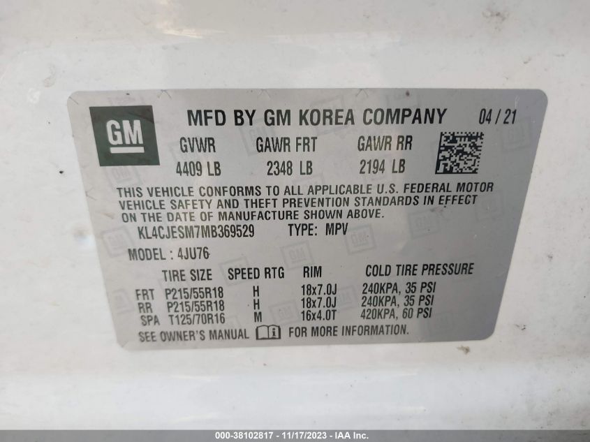 2021 Buick Encore Awd Preferred VIN: KL4CJESM7MB369529 Lot: 38102817