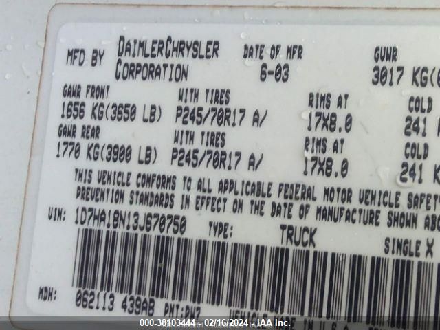 2003 Dodge Ram 1500 St/Slt VIN: 1D7HA18N13J670750 Lot: 38103444