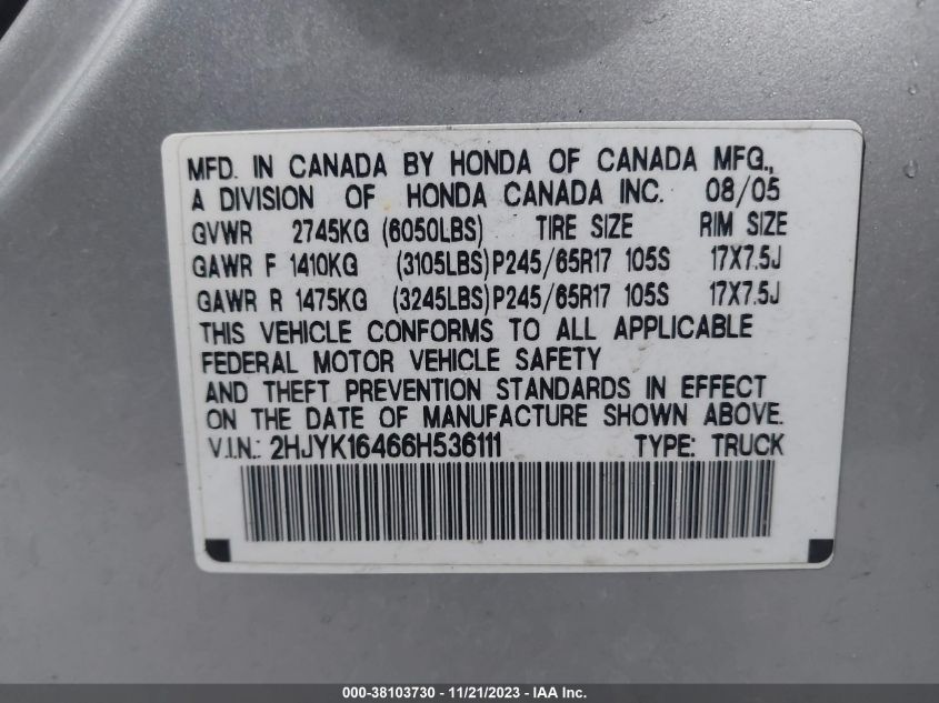 2006 Honda Ridgeline Rts VIN: 2HJYK16466H536111 Lot: 38103730