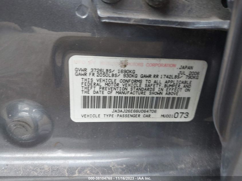 2006 Mitsubishi Lancer Es/Se VIN: JA3AJ26E66U064706 Lot: 38104765