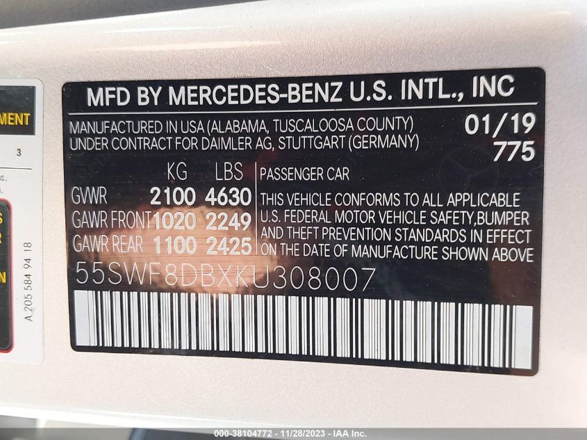 2019 Mercedes-Benz C 300 VIN: 55SWF8DBXKU308007 Lot: 38104772