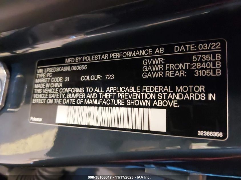 2022 Polestar 2 Long Range Dual Motor VIN: LPSED3KA9NL080656 Lot: 38106017