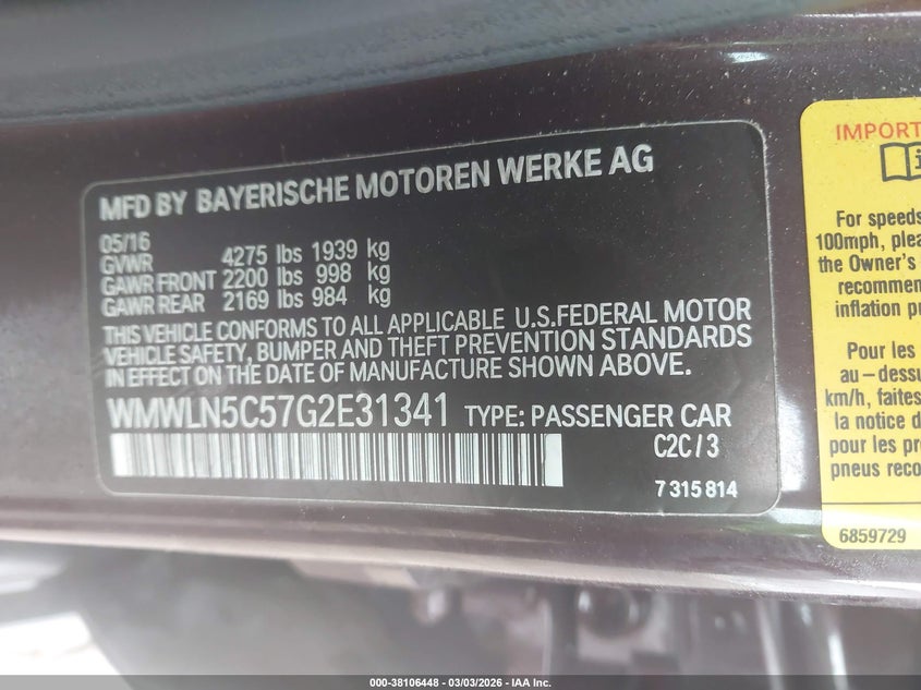 2016 Mini Clubman Cooper VIN: WMWLN5C57G2E31341 Lot: 38106448