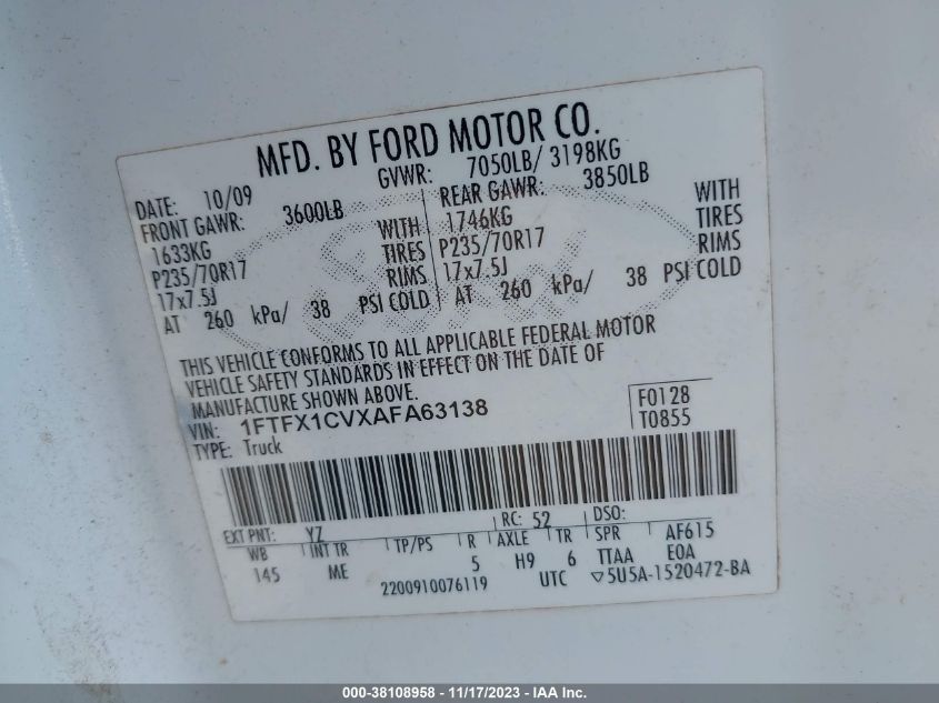 1FTFX1CVXAFA63138 2010 Ford F-150 Lariat/Xl/Xlt