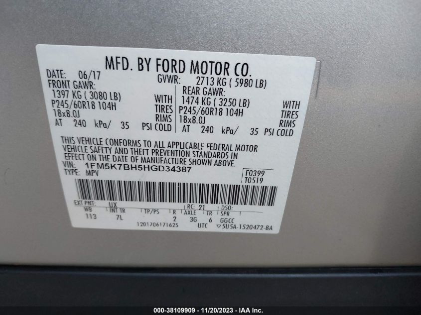 2016 Ford Explorer Platinum VIN: 1FM5KBH5HGD34387 Lot: 38109909