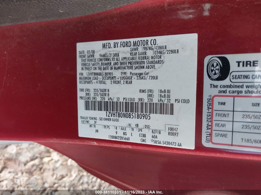 2008 Ford Mustang V6 Deluxe/V6 Premium VIN: 1ZVHT80N085180905 Lot: 38110331