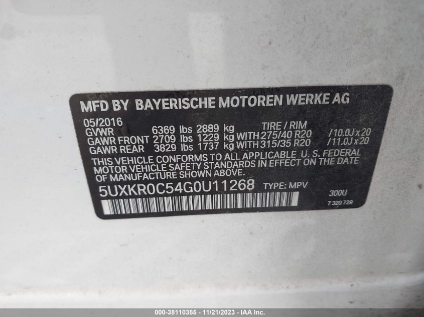 2016 BMW X5 xDrive35I VIN: 5UXKR0C54G0U11268 Lot: 38110385