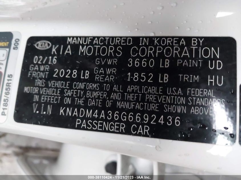 VIN KNADM4A36G6692436 2016 KIA RIO no.9