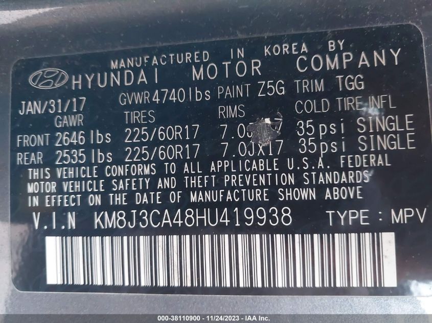 KM8J3CA48HU419938 2017 Hyundai Tucson Se