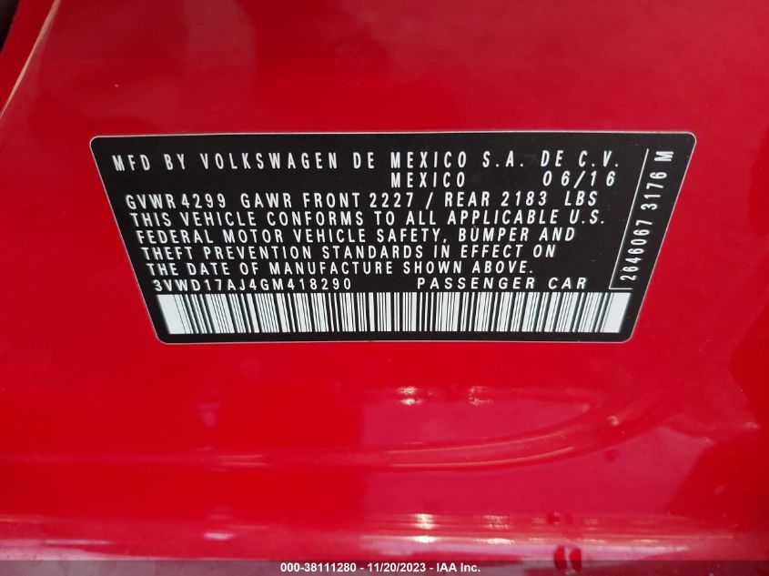 2016 Volkswagen Jetta 1.8T Sport VIN: 3VWD17AJ4GM418290 Lot: 38111280