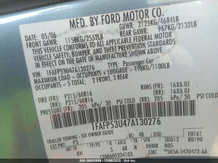 1FAFP53U47A130276 2007 Ford Taurus Se