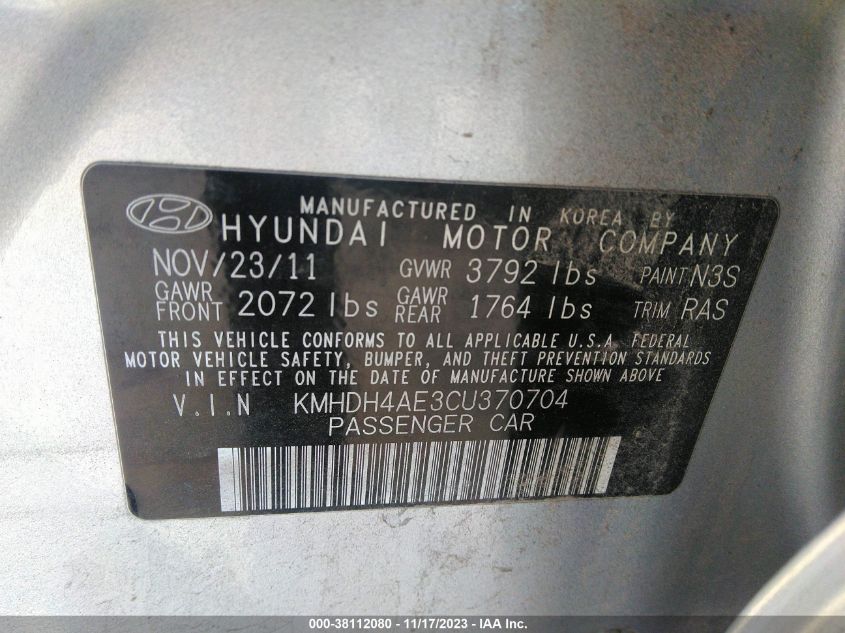 2012 Hyundai Elantra Limited (Ulsan Plant) VIN: KMHDH4AE3CU370704 Lot: 38112080