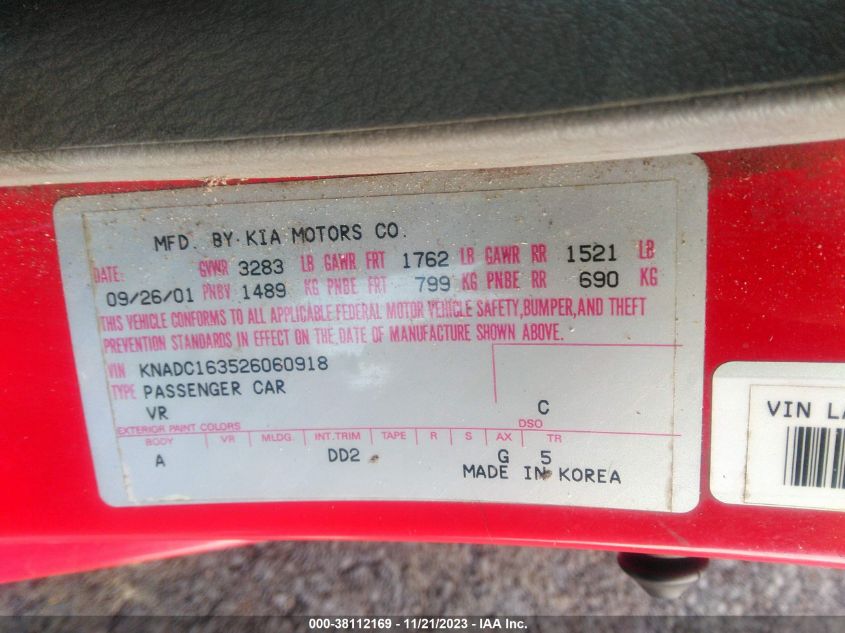 2002 Kia Rio Cinco (A4)/Cinco (M5) VIN: KNADC163526060918 Lot: 38112169