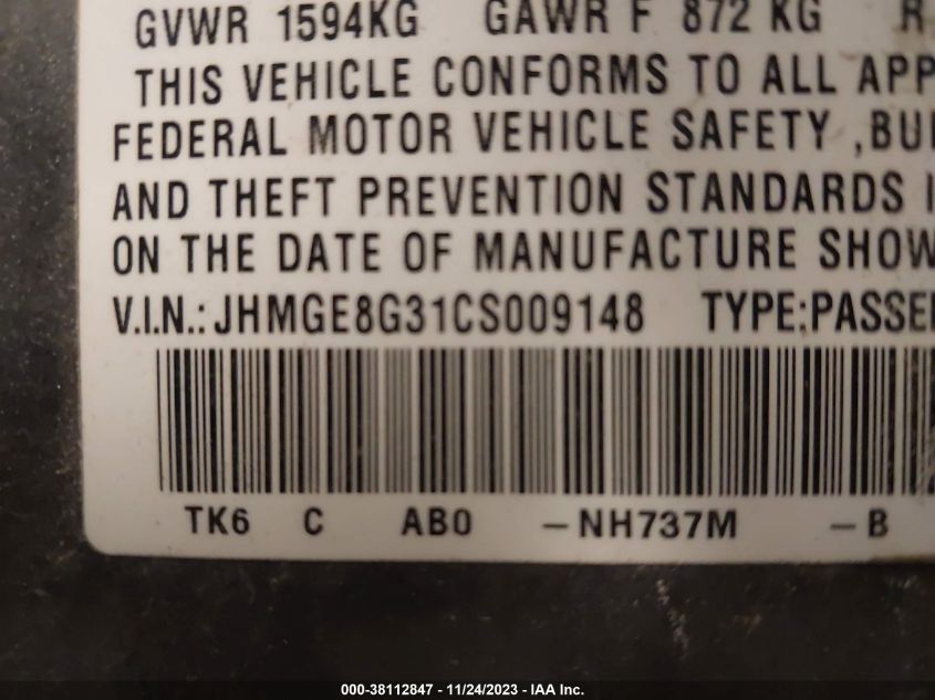 JHMGE8G31CS009148 2012 Honda Fit