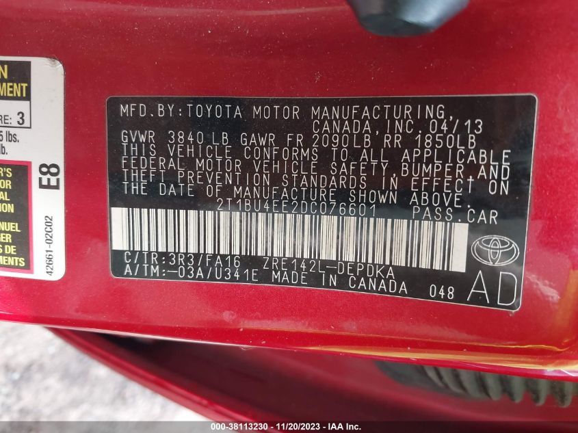 2T1BU4EE2DC076601 2013 Toyota Corolla L