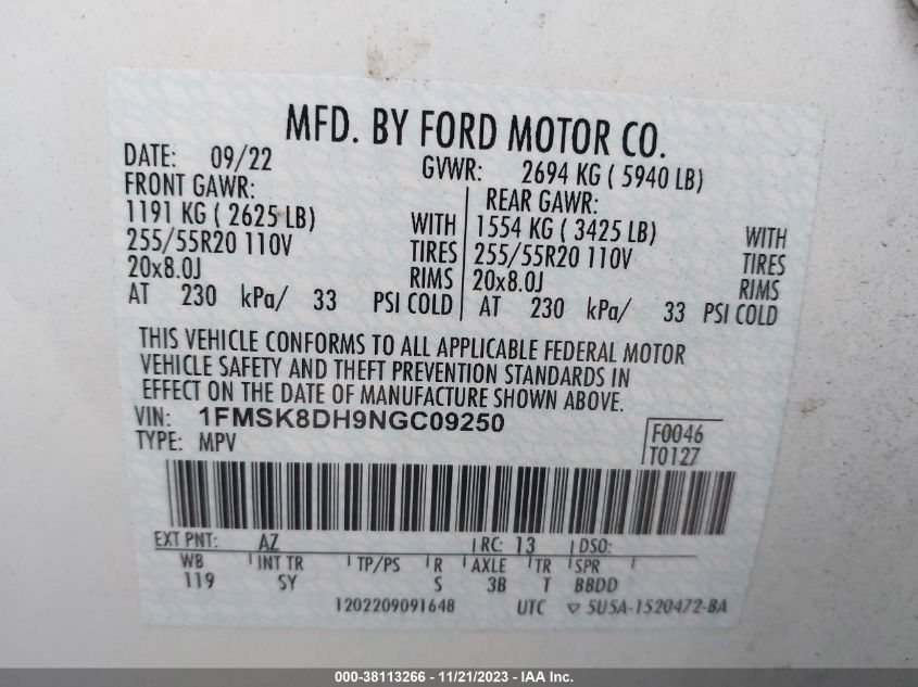 1FMSK8DH9NGC09250 2022 Ford Explorer Xlt