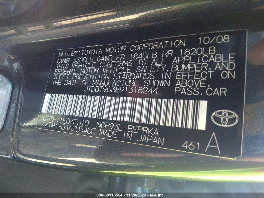 JTDBT903891318244 2009 Toyota Yaris