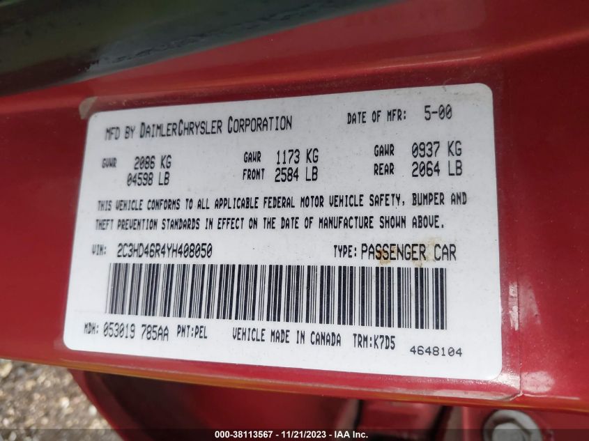 2000 Chrysler Concorde Lx VIN: 2C3HD46R4YH408050 Lot: 38113567