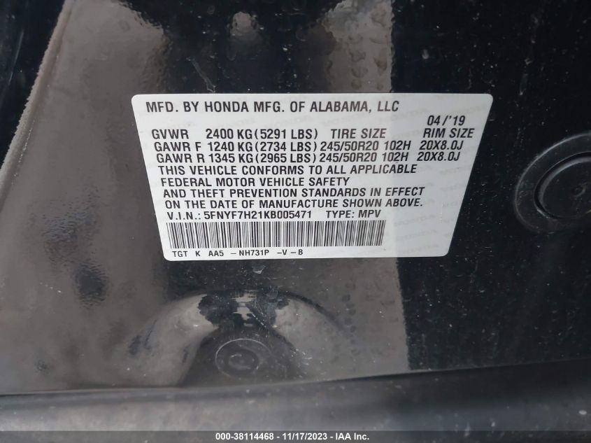 5FNYF7H21KB005471 2019 Honda Passport Sport