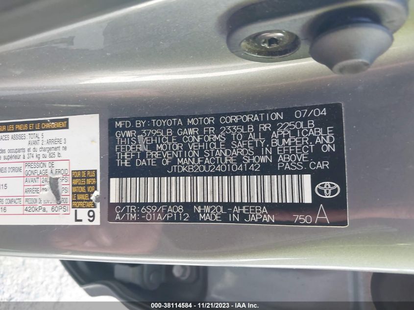 2004 Toyota Prius VIN: JTDKB20U240104142 Lot: 38114584