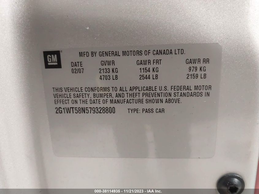 2007 Chevrolet Impala Lt VIN: 2G1WT58N579328800 Lot: 38114935