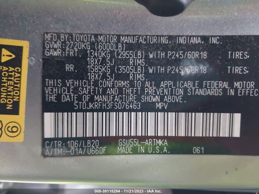 2015 Toyota Highlander Xle V6 VIN: 5TDJKRFH3FS076463 Lot: 38115284