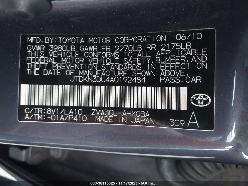 2010 Toyota Prius Iv VIN: JTDKN3DU4A0192484 Lot: 38115325