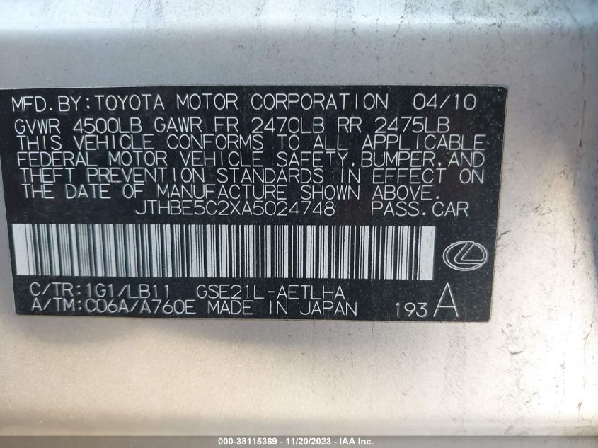 2010 Lexus Is 350 VIN: JTHBE5C2XA5024748 Lot: 38115369