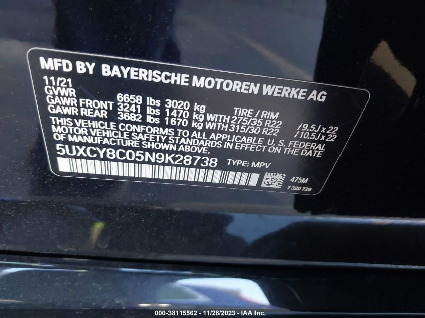 VIN 5UXCY8C05N9K28738 2022 BMW X6, M50I no.9