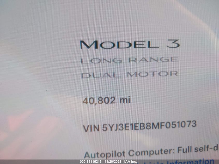 2021 Tesla Model 3 Long Range Dual Motor All-Wheel Drive VIN: 5YJ3E1EB8MF051073 Lot: 38116215