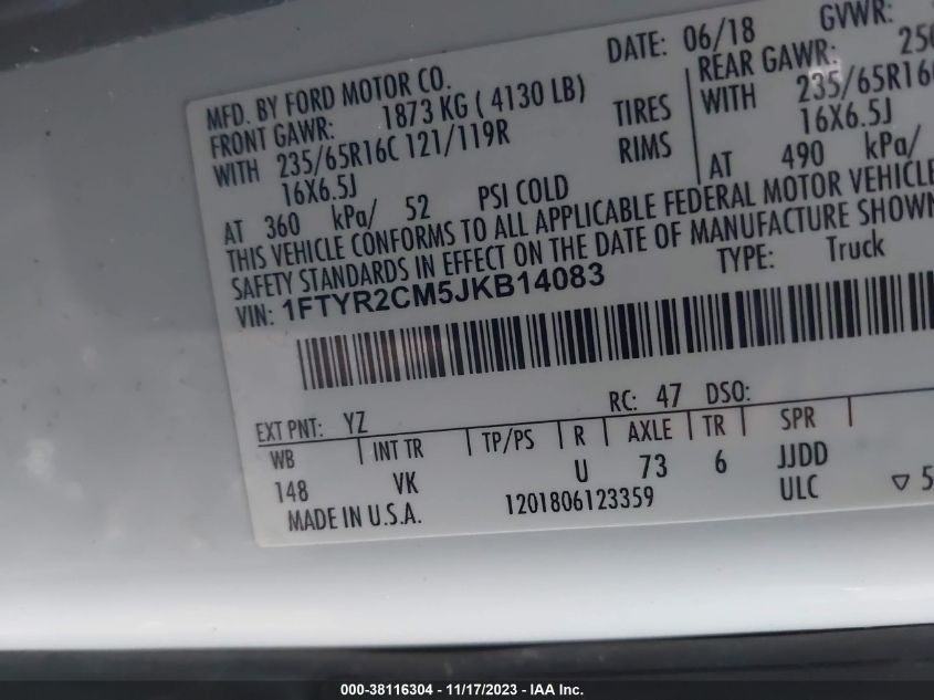 2018 Ford Transit-250 VIN: 1FTYR2CM5JKB14083 Lot: 38116304