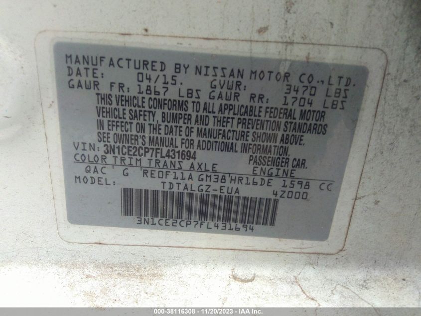 3N1CE2CP7FL431694 2015 Nissan Versa Note Sr