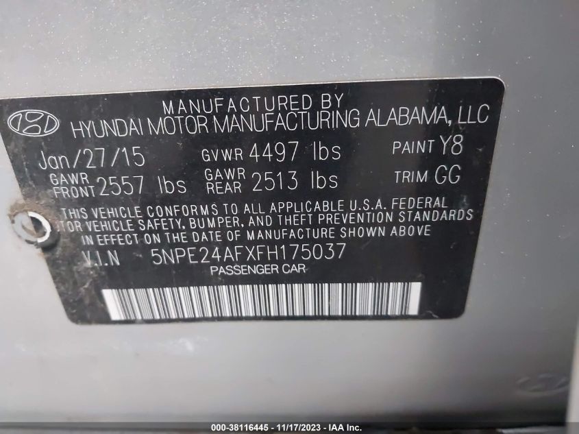 2015 Hyundai Sonata Se VIN: 5NPE24AFXFH175037 Lot: 38116445