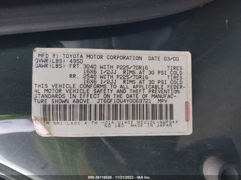 2000 Lexus Rx 300 VIN: JT6GF10U4Y0069721 Lot: 38116526