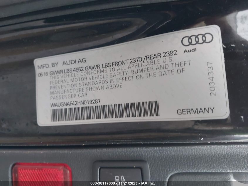 WAUGNAF42HN019287 2017 Audi A4 2.0T Premium