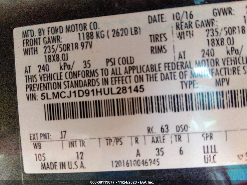 2017 Lincoln Mkc Premiere VIN: 5LMCJ1D91HUL28145 Lot: 38119077