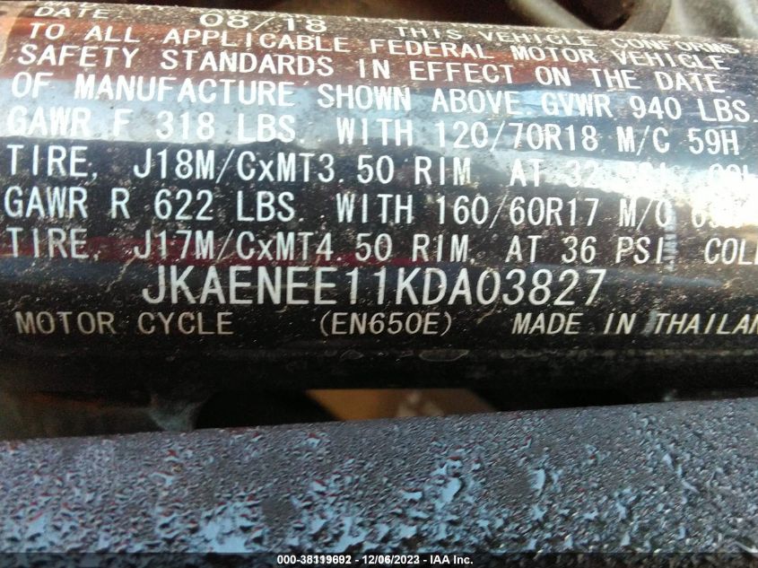 2019 Kawasaki En650 E VIN: JKAENEE11KDA03827 Lot: 38119692