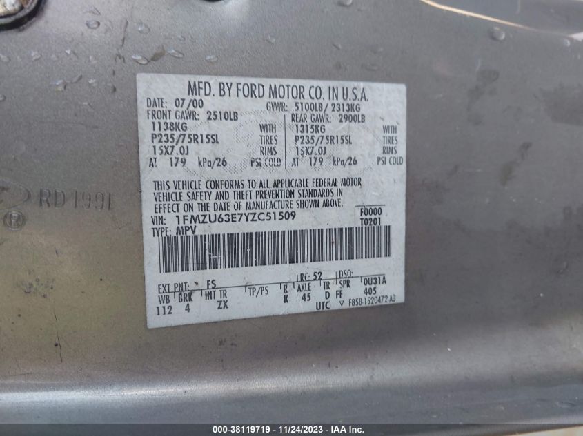 2000 Ford Explorer Xlt VIN: 1FMZU63E7YZC51509 Lot: 38119719