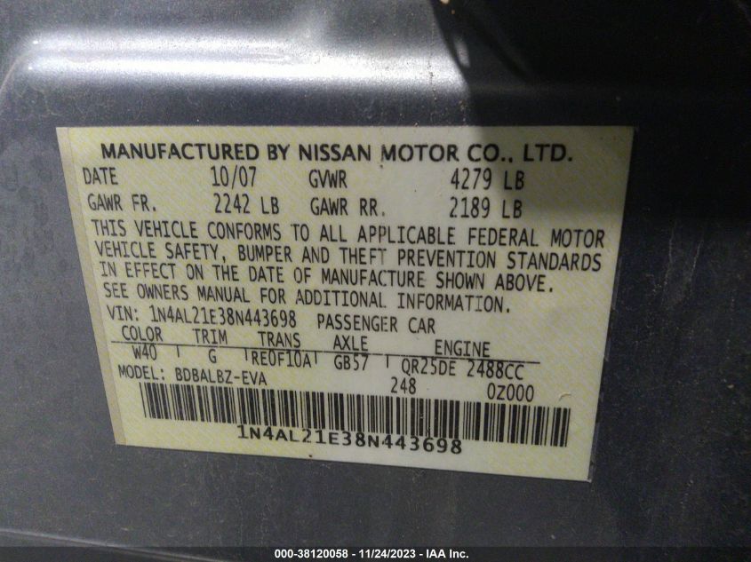 1N4AL21E38N443698 2008 Nissan Altima 2.5 S